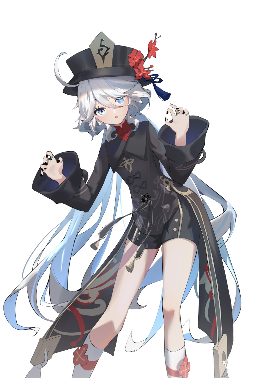 1girl absurdres ahoge black_coat black_hat black_nails black_ribbon black_shorts blue_eyes blue_hair blue_ribbon blush branch chinese_clothes coat collared_coat cosplay drop-shaped_pupils eyelashes fingernails flower furina_(genshin_impact) genshin_impact grey_hair hair_between_eyes hands_up hat hat_flower hat_ornament hat_ribbon heterochromia highres hu_tao_(genshin_impact) hu_tao_(genshin_impact)_(cosplay) jewelry long_hair long_sleeves looking_at_viewer mandarin_collar mismatched_pupils multicolored_hair nail_polish open_mouth qixia red_flower red_shirt ribbon ring shirt shorts simple_background socks solo standing symbol-shaped_pupils tassel hat_tassel two-tone_hair white_background white_socks wide_sleeves