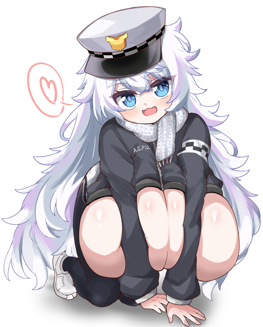 1girl :d all_fours alternate_breast_size black_jacket black_pantyhose blue_eyes blush breasts enostal fangs goddess_of_victory:_nikke heart highres huge_breasts jacket long_hair official_alternate_costume open_mouth pantyhose pencil_skirt poli_(nikke) poli_(sweet_holic)_(nikke) scarf shoes sidelocks skirt smile sneakers solo spoken_heart sunglasses very_long_hair wavy_hair white_hair white_scarf white_skirt