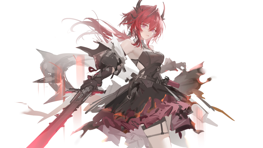 1girl absurdres arknights black_dress black_horns breasts cowboy_shot detached_sleeves dress from_side hair_intakes highres holding holding_sword holding_weapon horns long_hair looking_at_viewer looking_to_the_side luozhou_pile medium_breasts purple_eyes red_hair solo surtr_(arknights) sword weapon