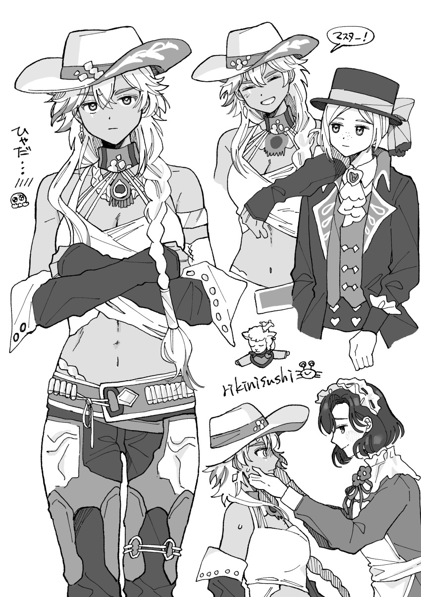 4girls :| absurdres animal_head apron argus_(reverse:1999) arm_on_another&#039;s_shoulder ascot barbara_(reverse:1999) bare_shoulders belt boater_hat bow braid breasts chaps choker cleavage closed_eyes closed_mouth coat collage collared_shirt cowboy_shot crossed_arms detached_sleeves eye_contact face-to-face greyscale hair_bun hands_on_another&#039;s_cheeks hands_on_another&#039;s_face hat hat_bow highres long_braid long_sleeves looking_at_another looking_at_viewer maid maid_headdress midriff monochrome multiple_girls multiple_views navel neck_flower neck_ribbon pants peacock_feathers profile reverse:1999 ribbon rikini_sushi scar scar_across_eye scar_on_face sheep_girl sheep_head shirt short_hair single_braid single_side_bun speech_bubble tank_top tuesday_(reverse:1999) upper_body vertin_(reverse:1999) vest waistcoat