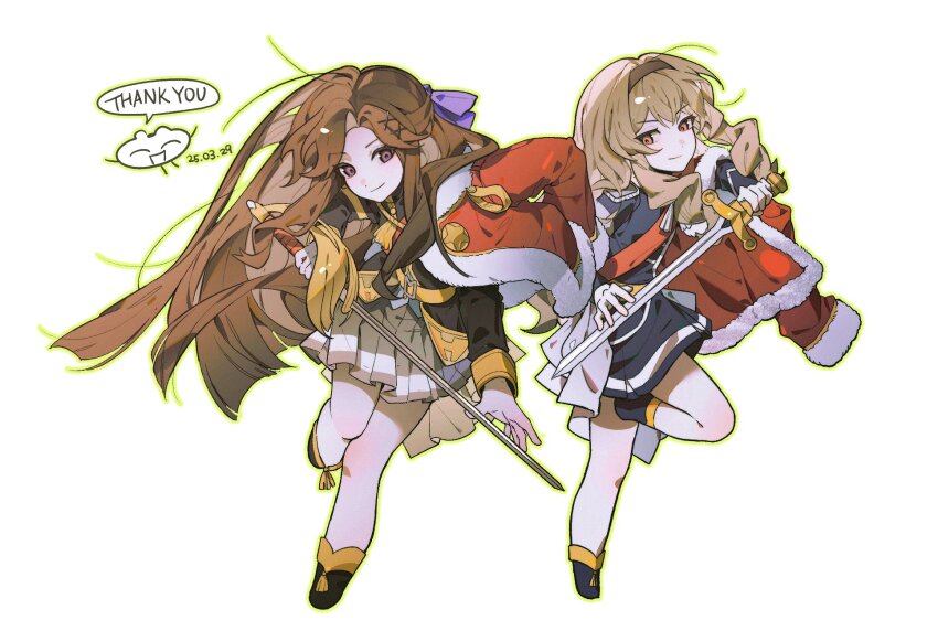 2girls 2tcm belt belt_buckle black_hairband black_jacket black_skirt blonde_hair blunt_ends boots bow brown_hair buckle closed_mouth commentary_request commission dated epaulettes floating_hair full_body fur-trimmed_jacket fur_trim green_outline grey_skirt hair_bow hair_ornament hairband half_updo hand_up highres holding holding_sword holding_weapon jacket jacket_on_shoulders korean_commentary leg_up long_hair long_sleeves looking_at_viewer looking_to_the_side miniskirt multiple_girls outline parted_bangs pink_eyes pleated_skirt purple_bow purple_eyes rapier red_jacket red_sash saijou_claudine sash shoujo_kageki_revue_starlight shoulder_sash sidelocks sideways_glance simple_background single_stripe skirt smile standing standing_on_one_leg striped_clothes striped_skirt sword tassel tendou_maya thank_you very_long_hair waist_cape weapon white_background x_hair_ornament yellow_belt