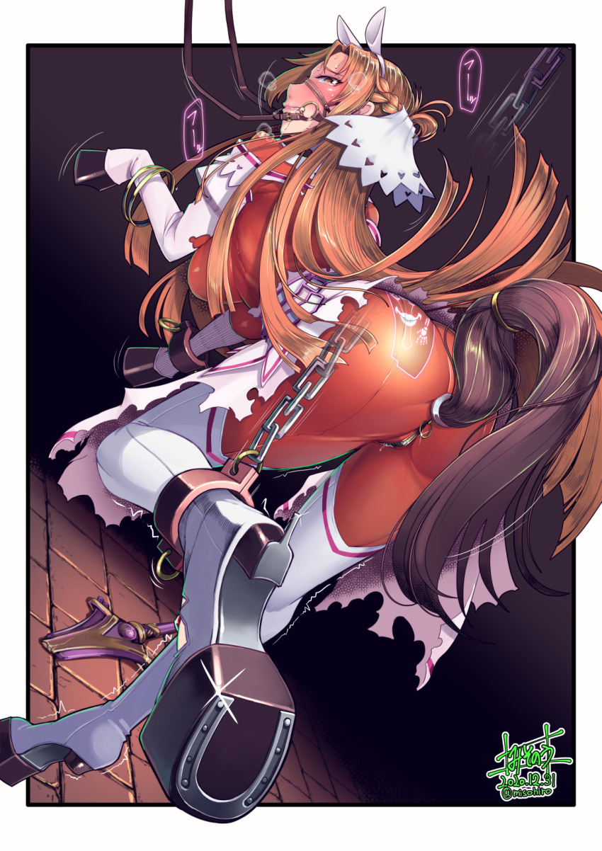 1girl anal anal_beads anal_object_insertion anal_tail animal_ears ass asuna_(sao) bit_gag blush bodysuit boots breasts brown_eyes brown_hair butt_plug chain crotch_zipper elbow_gloves fake_animal_ears fake_tail gag gagged gloves highres hoof_gloves hoof_shoes horse_ears horse_tail large_breasts long_hair misonou_hirokichi object_insertion orange_bodysuit pony_play reins sex_toy skin_tight solo standing standing_on_one_leg sword_art_online tail thigh_boots thighhighs torn_clothes white_boots white_gloves zipper zipper_pull_tab