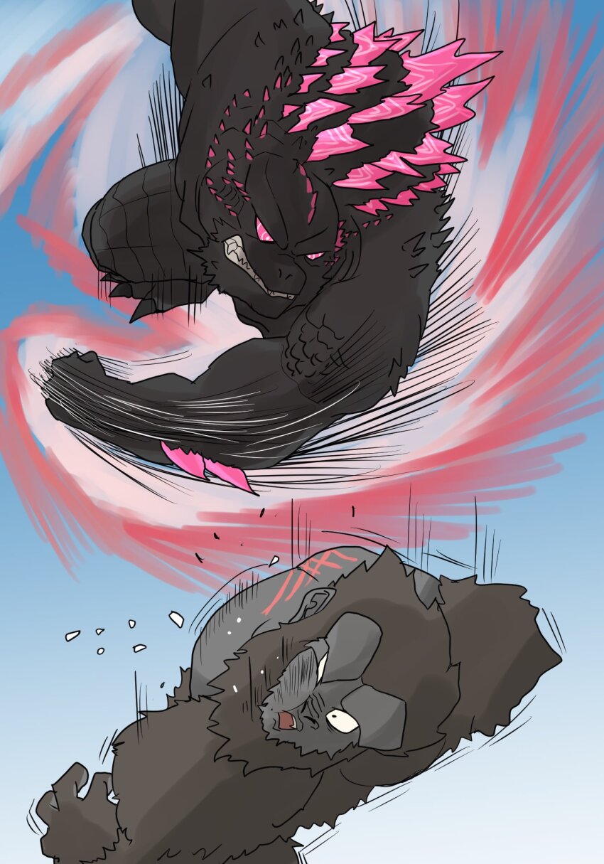 2boys animal ape aura battle claws crossover dragon_ball dragonball_z elbow_spikes energy fangs giant giant_monster gills glowing godzilla godzilla_(monsterverse) godzilla_(series) godzilla_evolved godzilla_x_kong:_the_new_empire gorilla highres ibuki_(tulta_icon) jaw kaiju kaiouken king_kong king_kong_(series) kong_(monsterverse) legendary_pictures long_tail looking_at_another monster monsterverse multiple_boys muscular no_humans open_mouth parody punching red_aura reptile scales scar scar_on_chest sharp_teeth spiked_tail spines tail teeth toho
