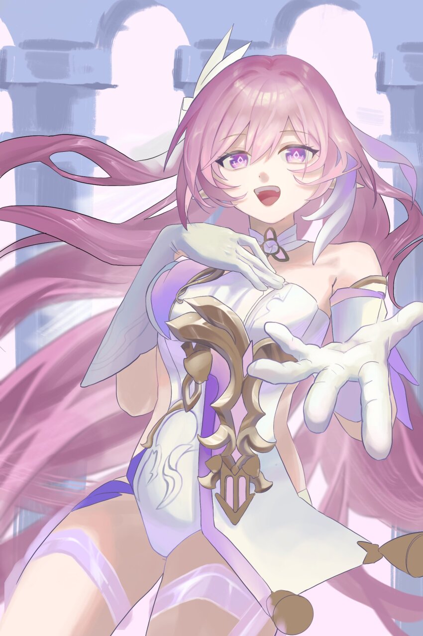 1girl absurdres bare_shoulders black_shorts breasts corset diamond-shaped_pupils diamond_(shape) duoyun_de_tiankong elf elysia_(herrscher_of_human:_ego)_(honkai_impact) elysia_(honkai_impact) gloves hair_ornament highres honkai_(series) honkai_impact_3rd long_hair looking_at_viewer medium_breasts micro_shorts open_mouth pink_hair pink_sky pointy_ears purple_eyes reaching reaching_towards_viewer shorts sky solo symbol-shaped_pupils teeth thighs triquetra upper_teeth_only very_long_hair white_corset white_gloves