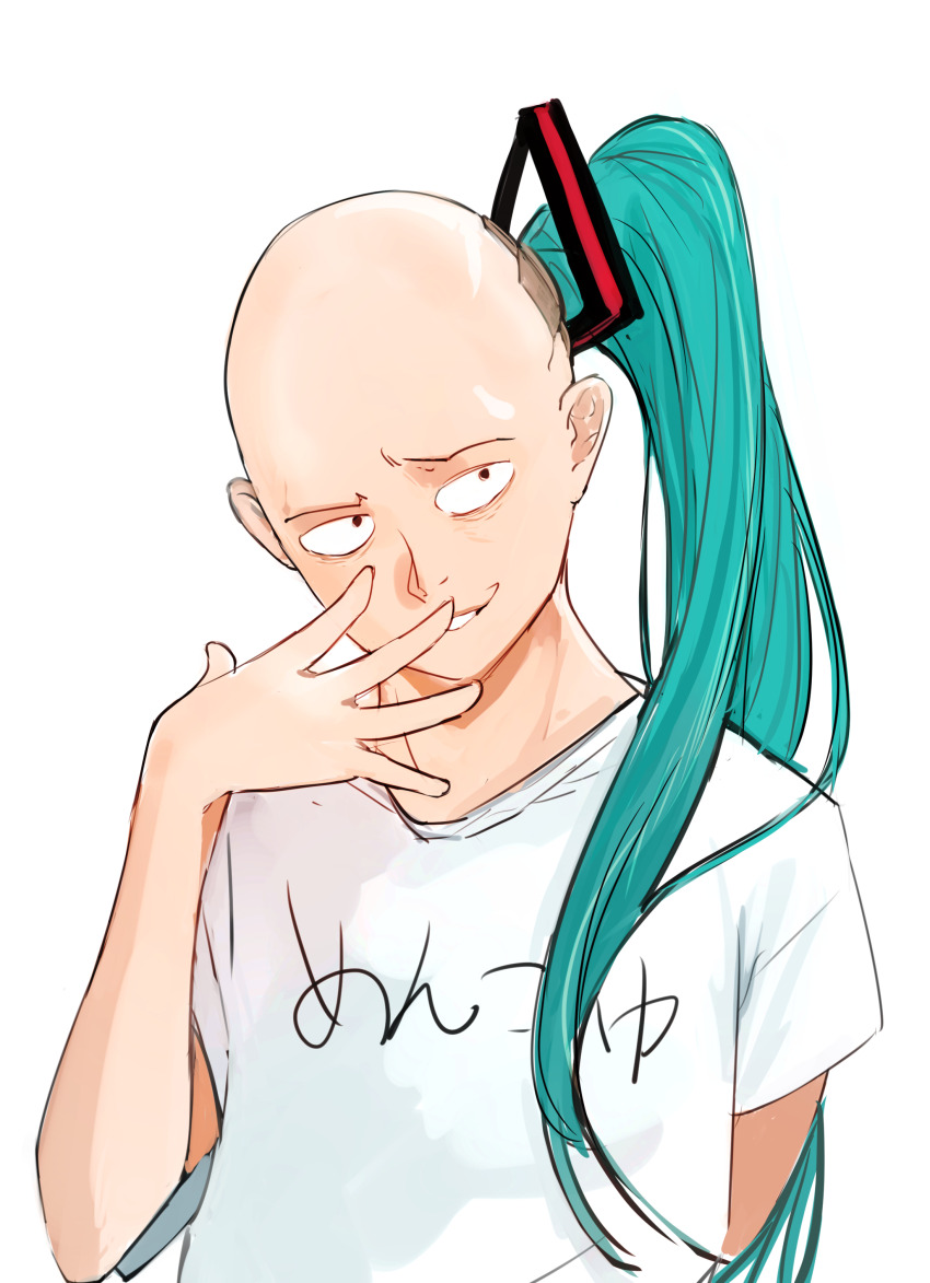 1boy absurdres aqua_hair commentary covering_own_mouth hand_over_own_mouth hatsune_miku higemu highres male_focus meme one-punch_man saitama_(one-punch_man) shirt short_sleeves side_ponytail sidetail_miku_noodle_stopper_(meme) simple_background smirk solo t-shirt vocaloid white_background white_shirt