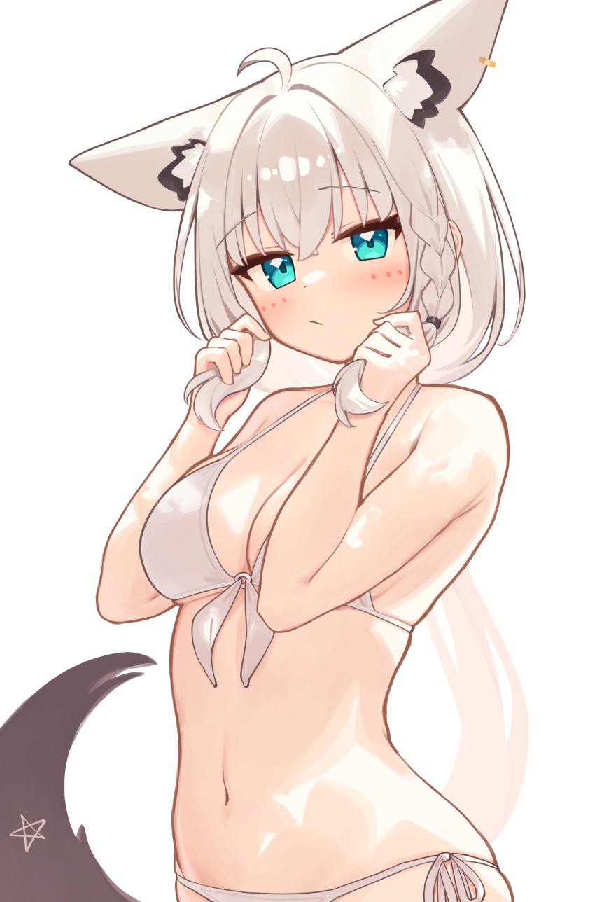 1girl absurdres ahoge animal_ear_fluff animal_ear_piercing animal_ears aqua_eyes bikini blush braid breasts cleavage commentary_request crossed_bangs fox_ears fox_girl fox_tail front-tie_bikini_top front-tie_top hair_between_eyes halterneck hands_up highres holding holding_own_hair hololive long_hair looking_at_viewer low_ponytail medium_breasts pentagram ponytail shirakami_fubuki side-tie_bikini_bottom side_braid simple_background single_braid solo swimsuit tail upper_body verdey very_long_hair virtual_youtuber white_background white_bikini white_hair
