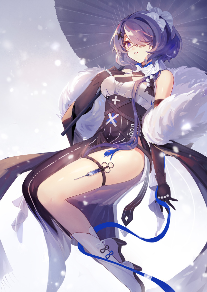 1girl arknights bare_shoulders black_dress black_gloves black_sleeves boots breasts detached_sleeves dress eyepatch gloves hair_ornament hair_over_one_eye hand_on_own_chest highres long_sleeves medical_eyepatch medium_breasts parted_lips puffy_long_sleeves puffy_sleeves purple_eyes purple_hair sharlorc short_hair solo syringe whisperain_(arknights) white_boots white_headwear x_hair_ornament