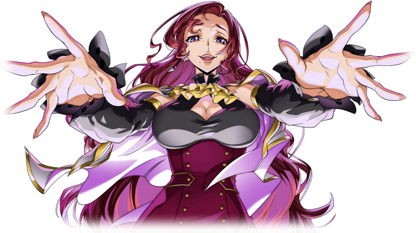 1girl ascot black_shirt blue_eyes breasts carly_disel cleavage code_geass code_geass:_lost_stories collarbone earrings f4samurai forehead hair_ornament hairclip hand_on_own_face hand_up happy highres jewelry large_breasts licking_lips long_hair long_sleeves looking_at_viewer mole mole_under_mouth official_art open_mouth raised_eyebrow red_hair shirt sidelocks simple_background smile solo straight-on tongue tongue_out transparent_background upper_body yellow_ascot