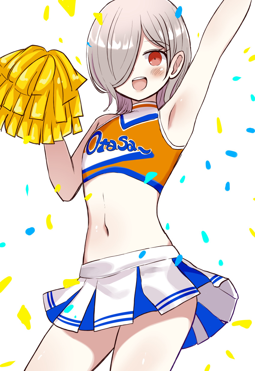 1boy absurdres armpits blush check_commentary commentary_request confetti cowboy_shot crossdressing crossdressing_(mtf) grey_hair highres long_hair male_focus mars_symbol medium_hair midriff miniskirt navel open_mouth orange_tube_top original pleated_skirt pom_pom_(cheerleading) red_eyes simple_background skirt smile strapless teeth trap tube_top upper_teeth_only vae white_background white_skirt