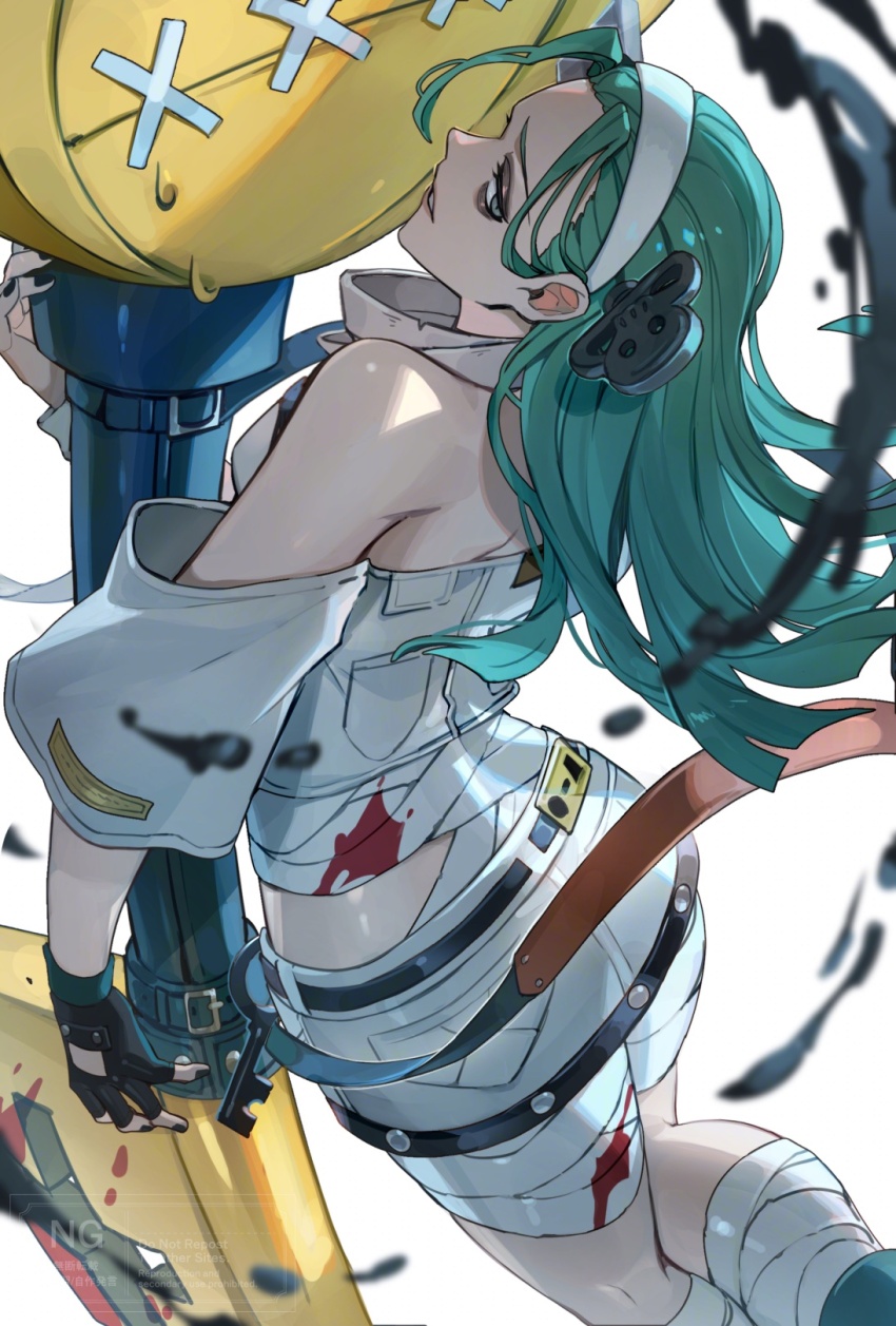 1girl a.b.a ass bags_under_eyes bandages bare_shoulders blood chain fingerless_gloves gloves green_eyes green_hair guilty_gear guilty_gear_strive hair_over_one_eye headband highres key key_in_head long_hair looking_at_viewer object_through_head pale_skin paracelsus_(guilty_gear) short_hair stitched_mouth stitches tsugutoku