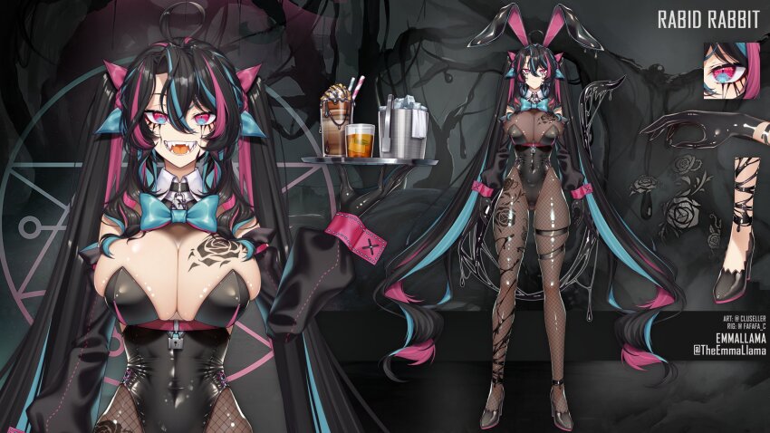 1girl animal_ear_hairband animal_ears black_gloves black_hair black_leotard black_shoes black_sleeves blue_bow blue_bowtie blue_eyes blue_hair blue_ribbon bodystocking bow bowtie breast_tattoo breasts cleavage closed_mouth cluseller collar cup detached_sleeves drinking_straw emma_llama fake_animal_ears fishnet_pantyhose fishnets gloves hair_between_eyes hair_ribbon hairband high_heels highres holding holding_tray ice_bucket indie_virtual_youtuber large_breasts leotard liquid_clothes liquid_from_eyes lock long_hair multicolored_eyes multicolored_hair open_mouth pantyhose pink_eyes pink_hair pink_ribbon pink_wrist_cuffs rabbit_ear_hairband rabbit_ears reference_sheet ribbon second-party_source see-through_cleavage see-through_clothes shoes streaked_hair tattoo thigh_strap tray twitter_username two-tone_eyes virtual_youtuber white_collar wrist_cuffs