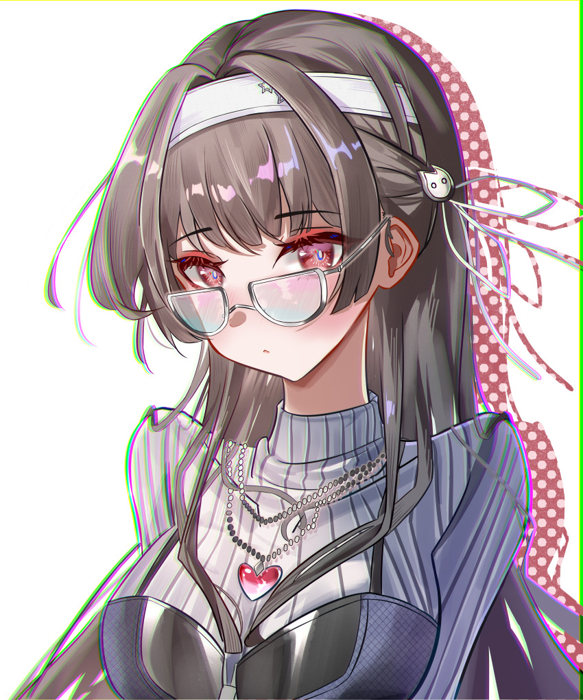 1girl absurdres alternate_costume alur_(wwpt2342) bespectacled black_hair breasts chisa_(wuthering_waves) chromatic_aberration closed_mouth commentary glasses grey_shirt hair_ornament hair_ribbon hairband heart heart_necklace heavy_chromatic_aberration highres jewelry large_breasts long_hair looking_at_viewer necklace red_eyes revision ribbon shirt solo turtleneck turtleneck_shirt upper_body white_hairband white_ribbon wuthering_waves