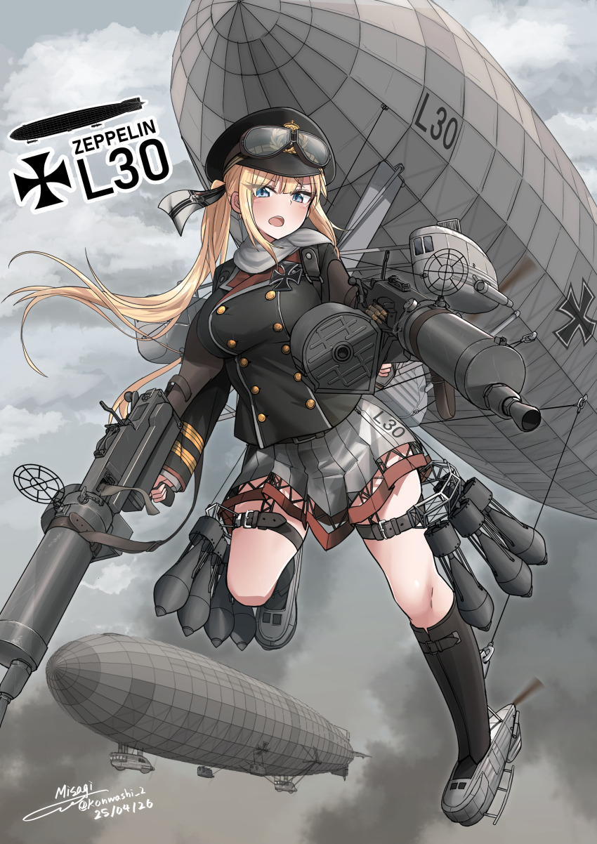 1girl absurdres aircraft black_hat blonde_hair blue_eyes bomb boots cross dirigible explosive goggles goggles_on_headwear grey_scarf grey_skirt gun hat highres holding holding_gun holding_weapon imperial_german_navy iron_cross long_hair machine_gun mecha_musume miniskirt original peaked_cap personification scarf skirt teisei_misagi very_long_hair weapon world_war_i