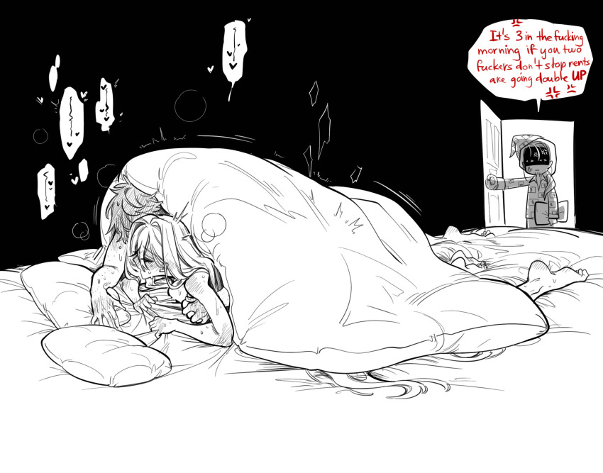 1boy 1girl bailey_(degrees_of_lewdity) bed_sheet degrees_of_lewdity dollyadayo english_text lying moaning monochrome on_stomach pajamas pillow player_character_(degrees_of_lewdity) prone_bone robin_(degrees_of_lewdity) sex sex_from_behind speech_bubble sweat