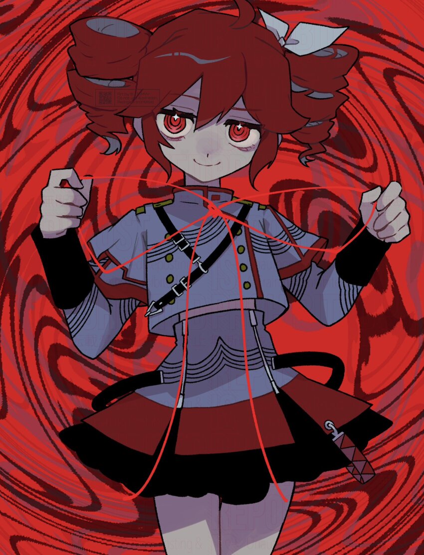 1girl ahoge bags_under_eyes buttons closed_mouth distortion double-breasted dress drill_hair grey_shirt grey_skirt hair_between_eyes hair_ribbon hands_up highres holding holding_ribbon kasane_teto kasane_teto_(sv) layered_shirt long_sleeves mosu_(synthesizer_v) red_dress red_eyes red_hair red_trim ribbon shirt short_hair skirt sleeve_cuffs smile solo synthesizer_v takamiya_yuu twin_drills watermark white_ribbon