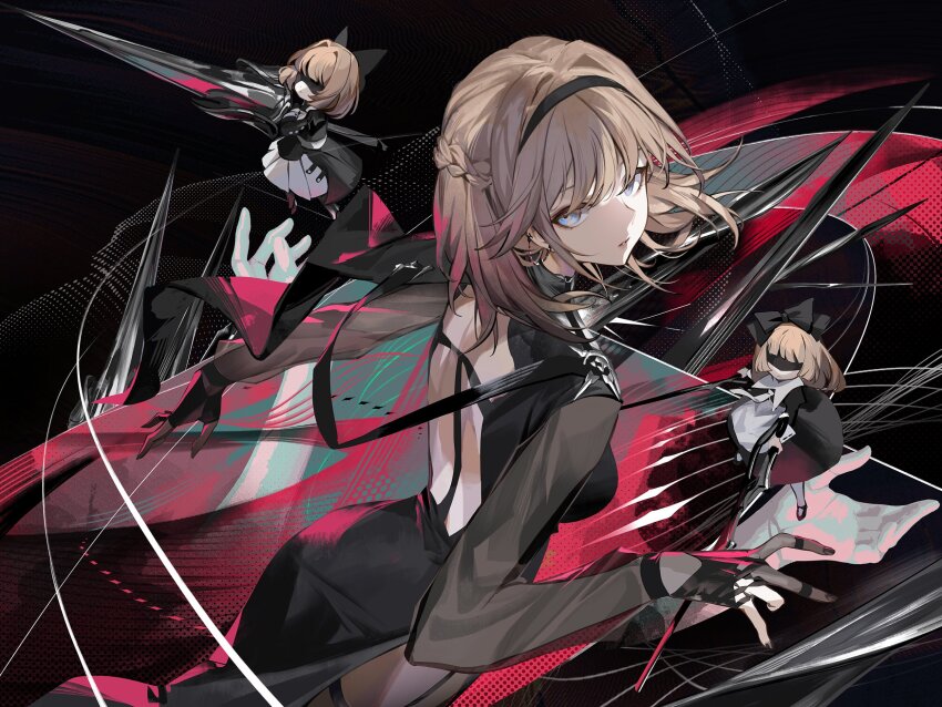 alice_margatroid alternate_costume apron back bare_back black_dress blonde_hair blue_eyes commentary doll dress expressionless from_behind hairband highres holding holding_polearm holding_weapon hourai_doll long_sleeves looking_at_viewer medium_hair parted_lips polearm reeh_(yukuri130) see-through_clothes see-through_sleeves shanghai_doll string touhou weapon