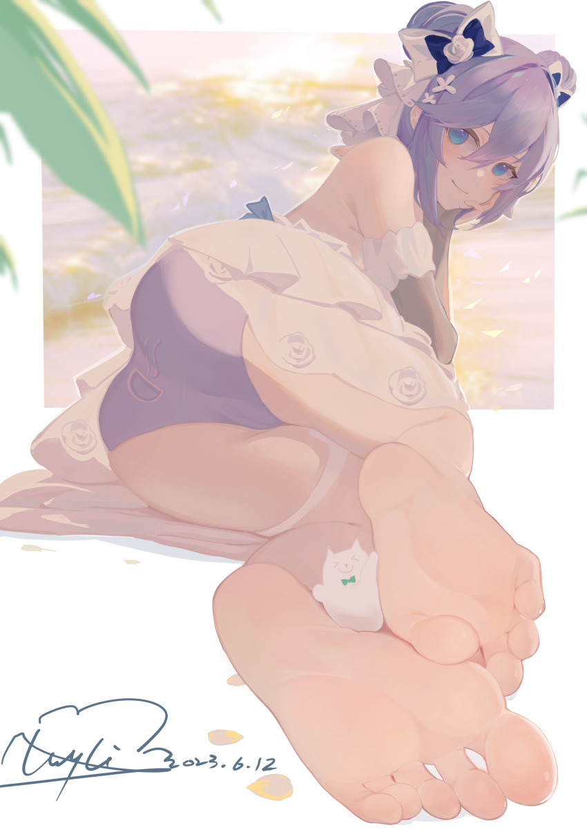 1girl a-soul absurdres ass ava_(a-soul) barefoot blue_eyes blush double_bun feet hair_bun highres long_hair looking_at_viewer lying on_side panties purple_hair smile soles toes un_ke_yukiovo underwear virtual_youtuber