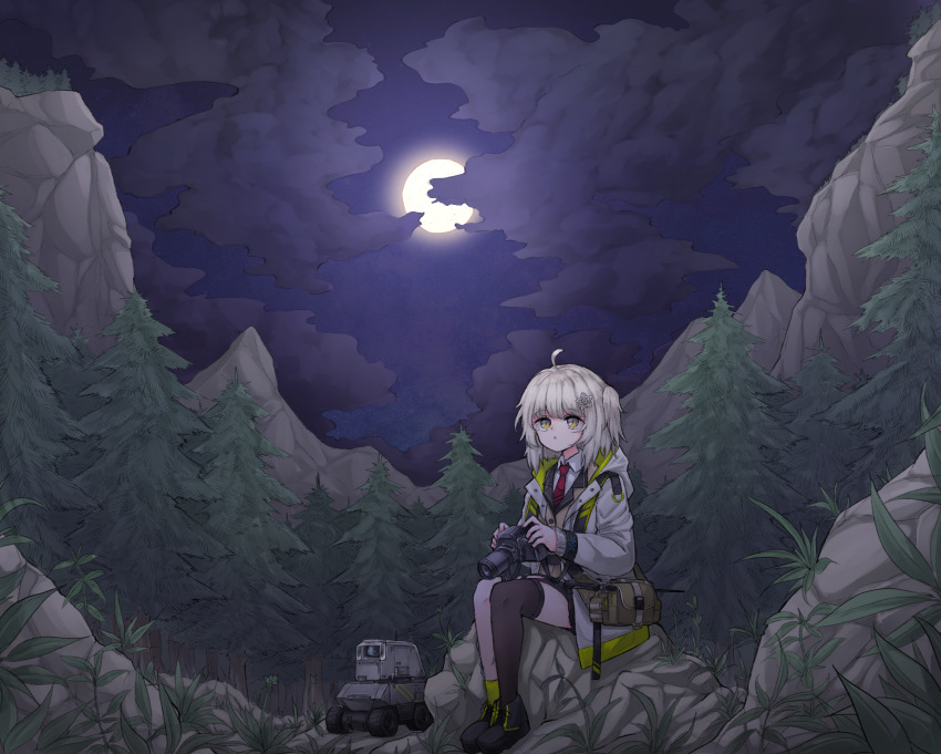 1girl :o ahoge arknights asymmetrical_legwear buttons camera cloud cloudy_sky coat collared_shirt full_body glowing green_eyes grey_hair highres holding holding_camera jokebag lens_(arknights) looking_up moon mountain necktie night outdoors parted_lips pouch red_necktie scene_(arknights) shirt shoes side_ponytail single_sock single_thighhigh sitting sky socks solo thighhighs white_shirt