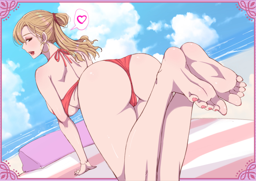 1girl ass barefoot bikini blonde_hair border brown_eyes feet highres long_hair looking_back mole mole_under_mouth open_mouth ornate_border partially_visible_vulva soles swimsuit toes yoshiyoshiya