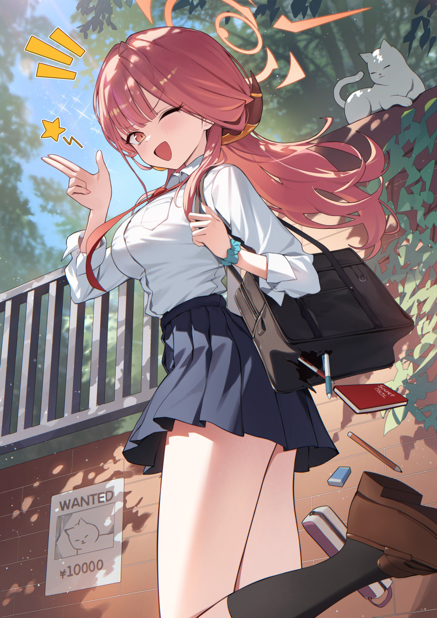 1girl ;d absurdres alternate_costume aru_(blue_archive) black_skirt black_socks blue_archive blush breast_pocket brown_bag brown_shoes cat collared_shirt commentary_request day dress_shirt eraser fingernails foot_up from_side halo hand_up highres long_hair looking_at_viewer notebook notice_lines okkimon one_eye_closed open_mouth outdoors pen pleated_skirt pocket red_eyes red_hair red_halo school_uniform shirt shoes skirt smile socks solo torn_bag very_long_hair wanted_poster white_cat white_shirt