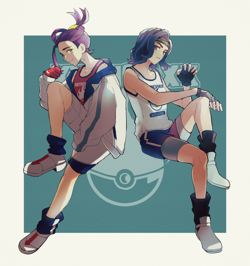 1boy 1girl black_gloves black_socks blue_shorts blue_socks closed_mouth commentary_request fingerless_gloves fuku-ro gloves grey_shoes headband highres invisible_chair jacket juliana_(pokemon) kieran_(pokemon) mole mole_on_neck nintendo off_shoulder open_clothes open_jacket poke_ball_print pokemon pokemon_sv purple_hair red_gloves red_tank_top shoes shorts simple_background single_glove sitting sleeveless socks tank_top white_jacket white_shoes white_shorts white_tank_top yellow_eyes