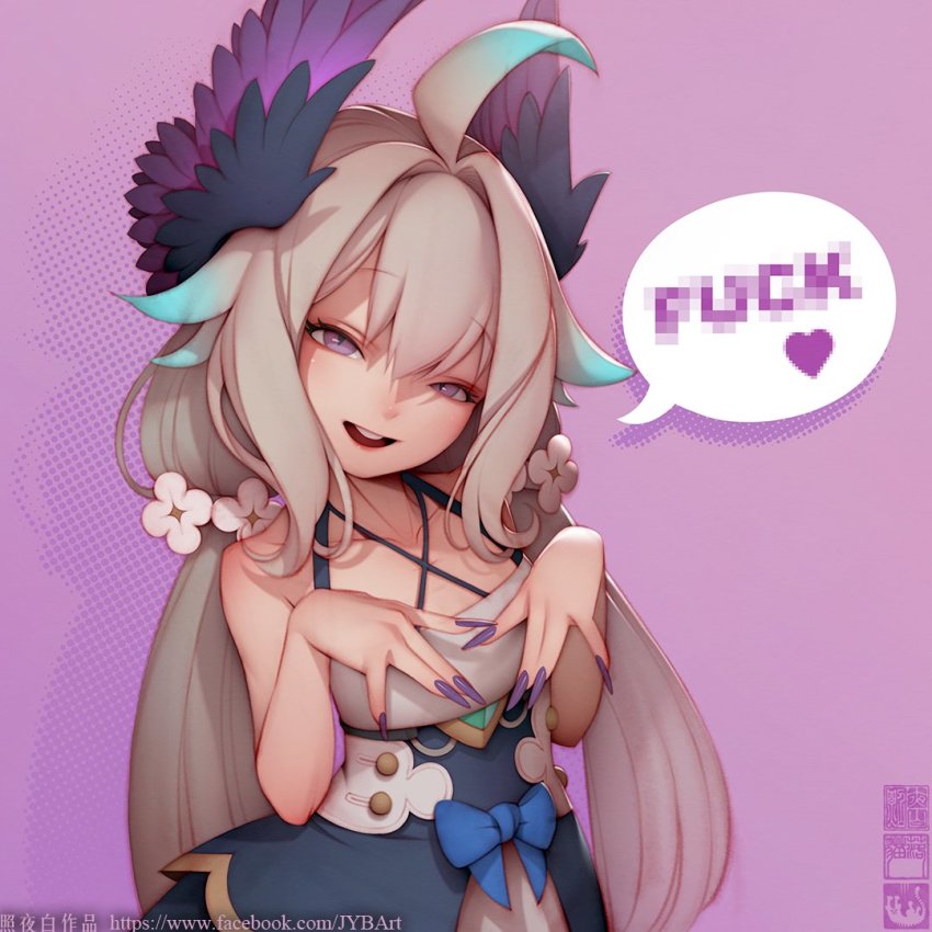 1girl absurdly_long_hair ahoge blonde_hair blue_dress blue_hair censored censored_text chinese_commentary commentary_request dress english_text enna_alouette flat_chest flower gradient_hair hair_flower hair_ornament head_wings long_hair looking_at_viewer low_twintails multicolored_dress multicolored_hair nail_polish nijisanji nijisanji_en pink_lips pixelated profanity purple_eyes purple_nails purple_wings sleeveless solo twintails very_long_hair virtual_youtuber watermark web_address white_dress white_flower wings zhaoyebai