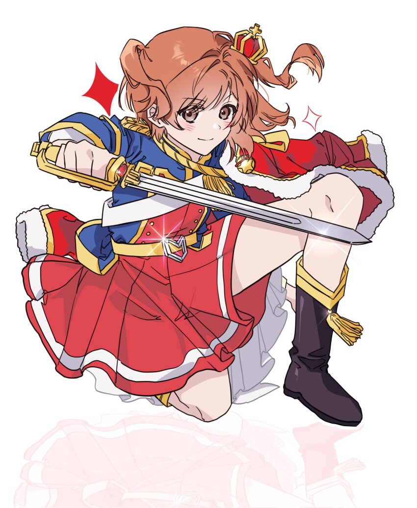 &gt;:) 1girl aijou_karen belt belt_buckle black_boots blue_jacket blush boots bow brown_eyes brown_hair buckle closed_mouth commentary_request crown epaulettes floating_hair full_body fur-trimmed_jacket fur_trim glint hand_up highres holding holding_sword holding_weapon jacket jacket_on_shoulders korean_commentary looking_at_viewer mini_crown miniskirt multicolored_jacket on_one_knee red_jacket red_skirt reflection short_hair shoujo_kageki_revue_starlight simple_background single_stripe skirt smile solo striped_clothes striped_skirt sword tassel tilted_headwear two-tone_jacket two_side_up v-shaped_eyebrows waist_cape weapon white_background yayaho yellow_belt