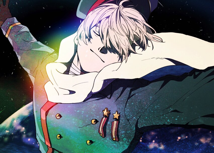 1boy absurdres arms_up axis_powers_hetalia bandaged_neck bandages black_sky brown_gloves buttons closed_eyes closed_mouth earth_(planet) floating_clothes gloves green_hat green_jacket hair_over_one_eye hat highres jacket long_sleeves male_focus medal military_hat military_jacket military_uniform outdoors outstretched_arms planet re02ri russia_(hetalia) scarf short_hair sky smile solo space spread_arms star_(sky) star_ornament starry_sky upper_body white_hair white_scarf