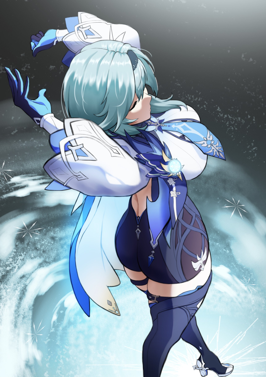 1girl absurdres arms_up ass aura backless_outfit black_boots black_hairband blue_cape blue_gloves blue_hair blue_necktie boots breasts cape closed_eyes closed_mouth clothing_cutout crossed_legs dutch_angle eula_(genshin_impact) foot_out_of_frame foreshortening genshin_impact gloves hairband hands_up high-waist_shorts high_heel_boots high_heels highres kuremon large_breasts median_furrow medium_hair necktie shorts shoulder_cutout side_cape solo thigh_boots vision_(genshin_impact) watson_cross white_sleeves wide_sleeves