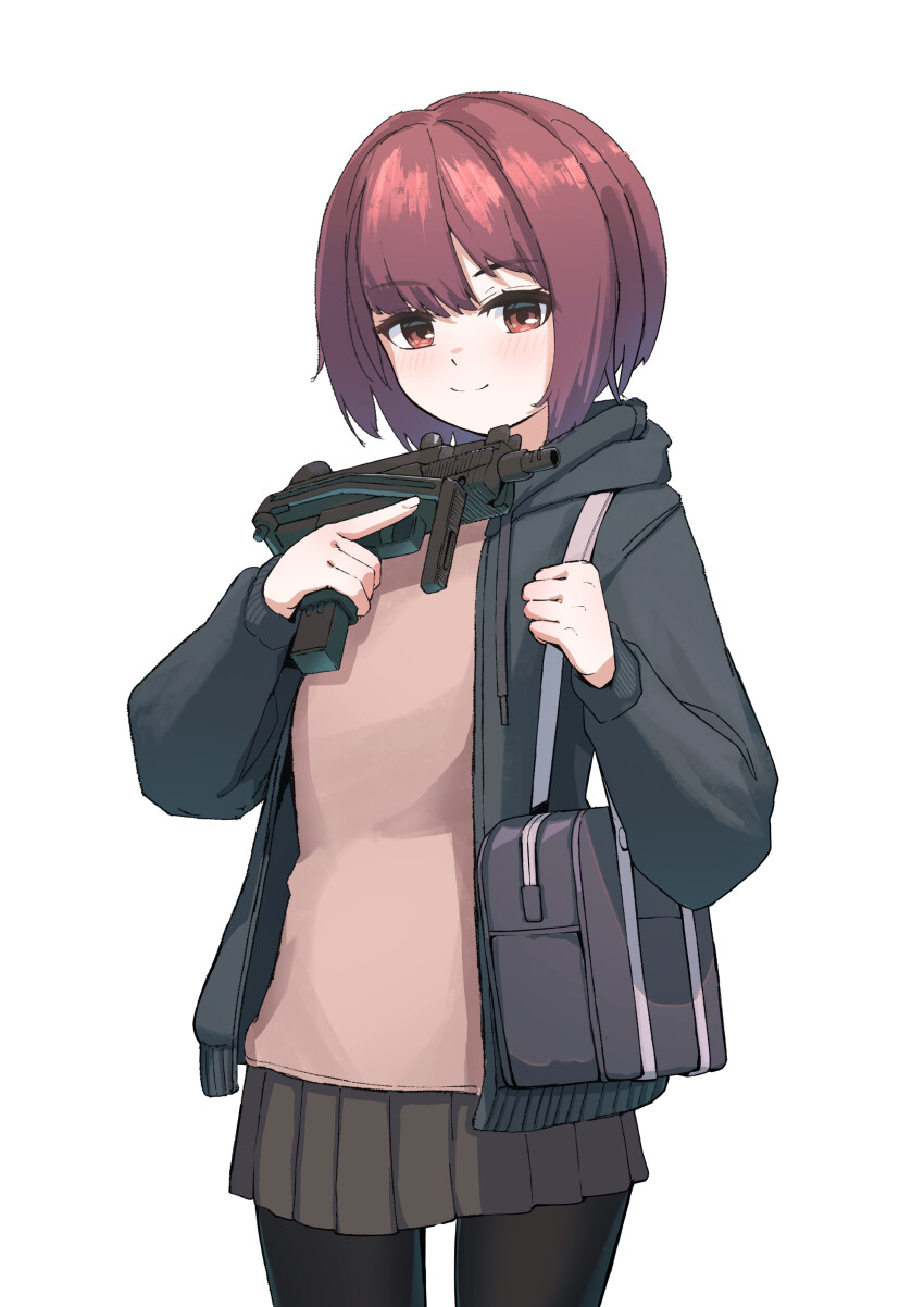 1girl absurdres bag blush brown_eyes brown_hair commentary gun highres holding holding_gun holding_weapon hood hood_down hoodie looking_at_viewer mini_uzi okapi_(yomaigoto) open_clothes open_hoodie original pantyhose pleated_skirt school_bag short_hair skirt smile solo submachine_gun trigger_discipline weapon