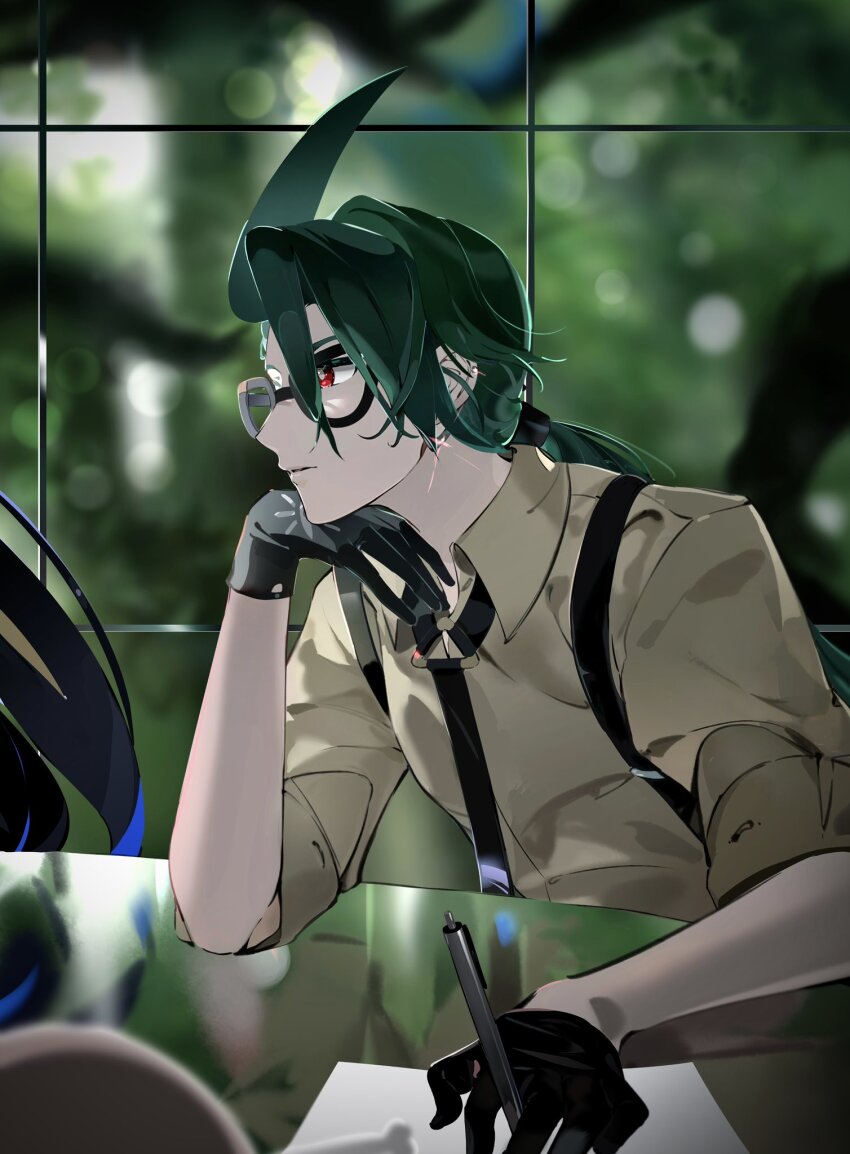 2girls black-framed_eyewear black_gloves black_necktie closed_mouth collared_shirt creatures_(company) earrings game_freak geeta_(pokemon) geetasdog glasses gloves green_hair hand_up head_rest highres holding holding_pen jewelry long_hair looking_to_the_side multiple_girls necktie nintendo paper pen pokemon pokemon_sv ponytail red_eyes reflection rika_(pokemon) shirt sleeves_rolled_up suspenders table