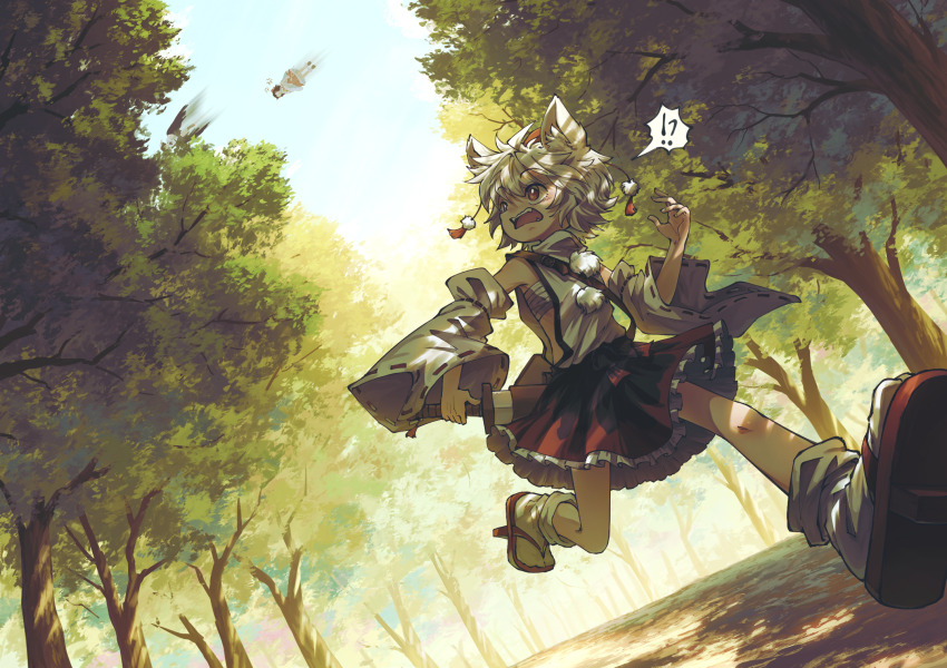 !? 3girls animal_ear_fluff animal_ears bare_shoulders black_skirt black_wings commentary_request day detached_sleeves flying forest frilled_skirt frills geta grey_hair hakurei_reimu hat highres inubashiri_momiji multiple_girls nature open_mouth outdoors pom_pom_(clothes) red_eyes red_hat red_sandals red_skirt revision ribbon-trimmed_sleeves ribbon_trim running sandals shameimaru_aya shirt short_hair skirt sleeveless sleeveless_shirt socks solo_focus spoken_interrobang suteruko sword tokin_hat touhou tree two-tone_skirt weapon white_shirt white_sleeves white_socks wide_sleeves wings wolf_ears