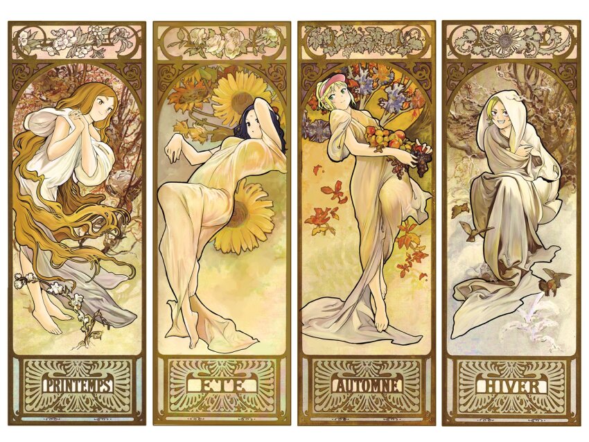 4girls art_nouveau autumn barefoot black_eyes black_hair blonde_hair blue_eyes brown_eyes brown_hair column_lineup commentary_request dress feathers fine_art_parody flower food fruit grin headpiece highres holding holding_flower holding_food holding_fruit kuroki_yuushin leaf long_hair mona_lisa_(shishunki_renaissance!_david-kun) multiple_girls official_art own_hands_together parody robe seasons shishunki_renaissance!_david-kun sleeveless sleeveless_dress smile spring_(season) standing summer sunflower venus_(shishunki_renaissance!_david-kun) very_long_hair visor_cap wavy_hair white_dress white_robe winter