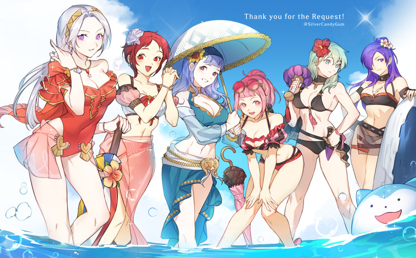 6+girls bare_shoulders bikini black_bikini blue_bikini blue_hair blue_sky breasts cleavage collarbone commentary covered_erect_nipples day edelgard_von_hresvelg edelgard_von_hresvelg_(summer) english_commentary eyewear_on_head female_byleth_(fire_emblem) female_shez_(fire_emblem) female_shez_(summer)_(fire_emblem) fire_emblem fire_emblem:_three_houses fire_emblem_engage fire_emblem_heroes fire_emblem_warriors:_three_hopes flower forehead green_hair grey_hair hair_over_one_eye highres hilda_valentine_goneril hilda_valentine_goneril_(summer) leaning_forward long_hair marianne_von_edmund marianne_von_edmund_(summer) monica_von_ochs multiple_girls navel nintendo off-shoulder_bikini off_shoulder official_alternate_costume official_alternate_hairstyle one-piece_swimsuit own_hands_together pink_hair puffy_short_sleeves puffy_sleeves purple_eyes purple_hair red_flower red_hair red_one-piece_swimsuit round_eyewear sarong short_sleeves silvercandy_gum sky sommie_(fire_emblem) standing stomach sunglasses swimsuit thighs water