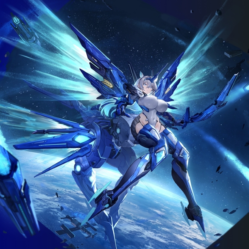 1girl animal_ears artist_request blue_eyes book_of_yog breasts centaur closed_mouth covered_navel grey_hair grey_leotard hair_between_eyes highleg highleg_leotard highres holding holding_weapon horns horse_ears kimberlee_(book_of_yog) large_breasts leg_armor leotard mecha_musume mechanical_arms mechanical_horns mechanical_wings official_art planet single_horn solo space space_station taur weapon wings