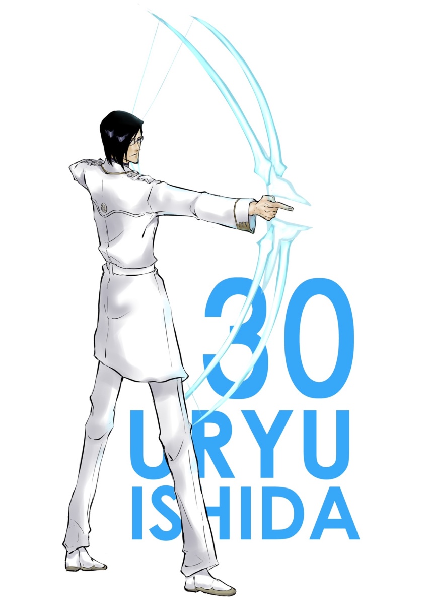 1boy belt black_hair bleach bleach:_sennen_kessen-hen bow_(weapon) character_name closed_mouth drawing_bow drawn_bow energy_weapon full_body glasses highres holding holding_bow_(weapon) holding_weapon ishida_uryuu jacket military_uniform mitu_hide43 pants solo wandenreich_uniform weapon white_background white_footwear white_jacket white_pants
