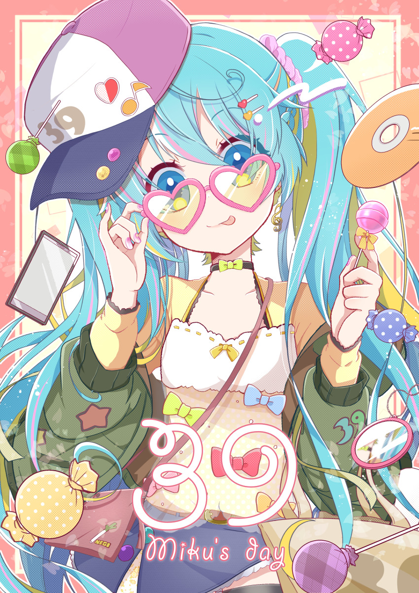 1girl 39 :q absurdres aqua_hair bag black_choker blonde_hair blue_eyes bow bow_choker brown_bag candy cd choker commentary_request food green_jacket hair_between_eyes hair_ornament hair_scrunchie hairclip hat hatsune_miku heart heart-shaped_eyewear highres holding holding_candy holding_food holding_lollipop jacket lollipop looking_at_viewer miku_day multicolored_hair nail_polish open_clothes open_jacket orange_hair pina710 pink-framed_eyewear pink_hair pink_scrunchie scrunchie shoulder_bag solo streaked_hair tinted_eyewear tongue tongue_out twintails vocaloid wrapped_candy yellow-tinted_eyewear