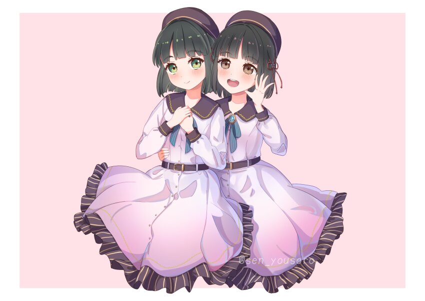 2girls 4th_live_dream_~bloom_the_dream_believers~ :d absurdres animification beret black_hair blunt_bangs blunt_ends blush bob_cut border brown_eyes brown_hat closed_mouth collared_dress commentary contrast_collar dream_believers dress flower flower_knot flower_stand_art frilled_dress frills gradient_clothes gradient_dress green_eyes green_hair hair_flower hair_ornament hands_on_own_chest hat highres link!_like!_love_live! long_sleeves looking_at_viewer love_live! momose_ginko multiple_girls open_hand open_mouth outside_border pink_background pink_dress real_life rounded_collar sakurai_hina sen_yousoro short_hair simple_background smile split_mouth symbol-only_commentary twitter_username virtual_youtuber voice_actor voice_actor_connection white_border