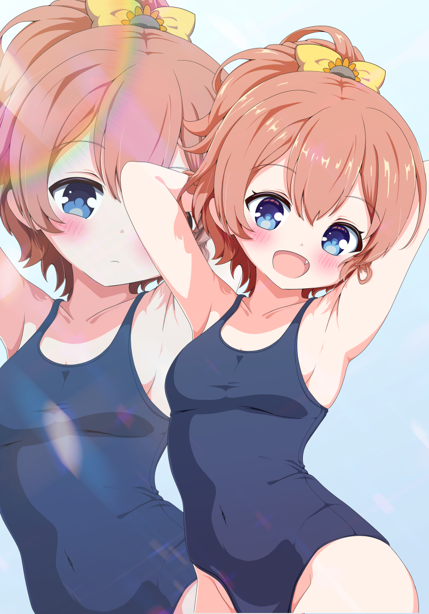 1girl :d absurdres armpits arms_up blue_eyes blush bow breasts brown_hair collarbone covered_navel fang hair_between_eyes hair_bow hatuyuki_1017 high_ponytail highres hinata_chinatsu looking_at_viewer one-piece_swimsuit ongeki open_mouth ponytail school_swimsuit small_breasts smile solo swimsuit yellow_bow