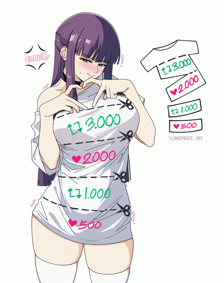 1girl absurdres alternate_costume artist_name blunt_bangs blush breasts commentary english_commentary fern_(sousou_no_frieren) half-closed_eyes hands_up heart heart_hands highres inkspirate large_breasts long_hair off-shoulder_shirt off_shoulder purple_eyes purple_hair shirt short_sleeves skindentation solo sousou_no_frieren text_print thighhighs thighs twitter_cutting_game twitter_strip_game twitter_username twitter_x_logo white_background white_shirt white_thighhighs