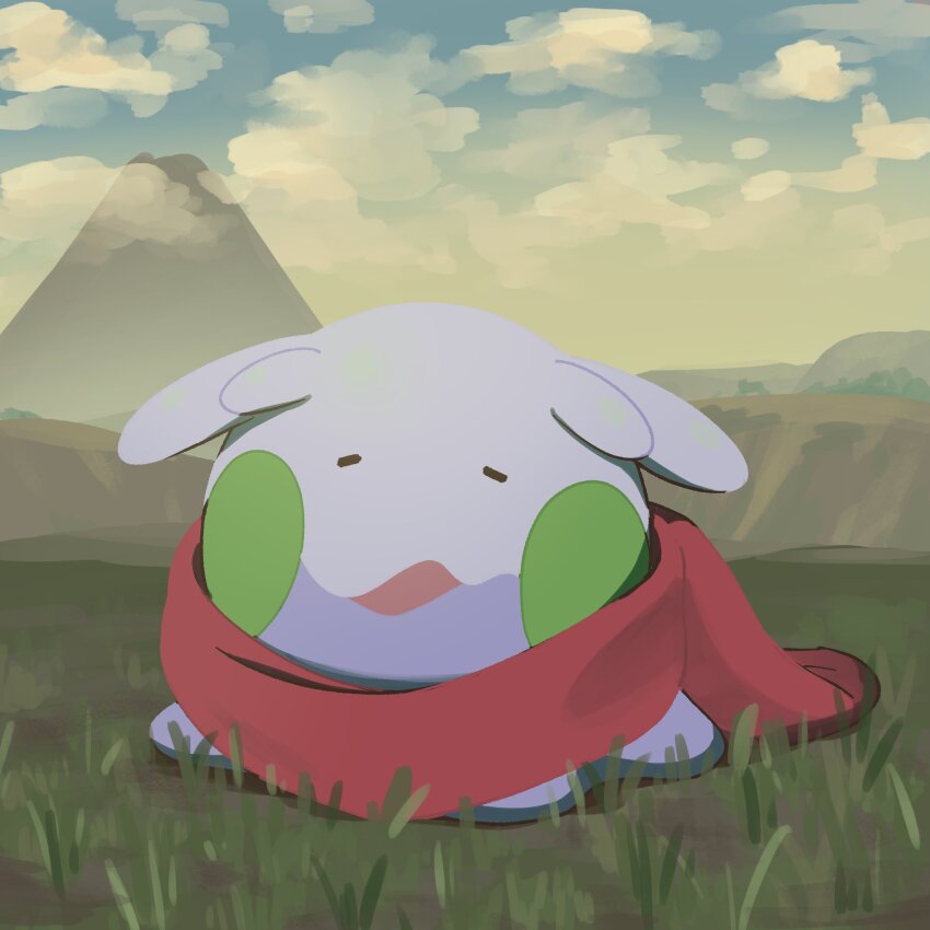 closed_eyes clothed_pokemon cloud day gen_6_pokemon goomy grass highres mountain nintendo no_humans numera_goomy open_mouth outdoors pokemon pokemon_(creature) pokemon_legends:_arceus red_scarf scarf sky solo