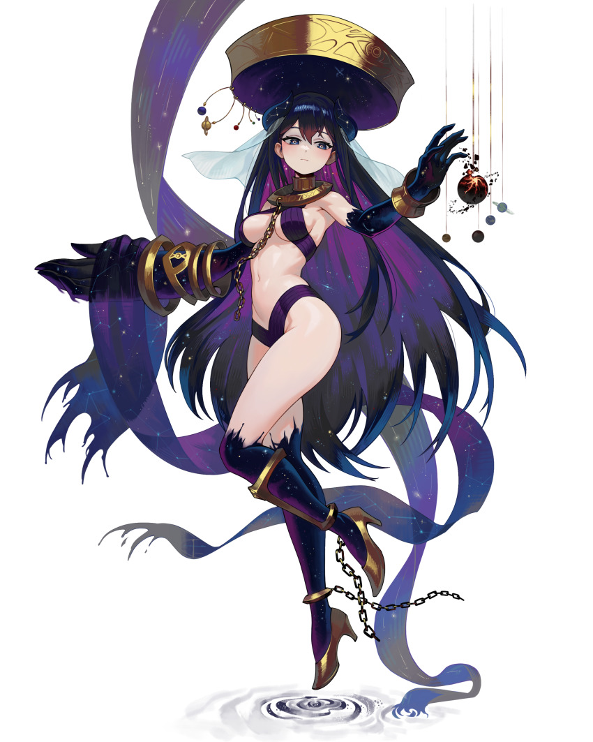 1girl absurdres anklet asymmetrical_arms black_hair bracelet breasts chain chain_leash chained choker colored_extremities colored_inner_hair constellation_print floating floating_hat gemi_ningen gold_collar hair_ornament harem_outfit high_heels highres horns jewelry khaos_(ketron) large_hands leash long_hair looking_at_viewer mobile multicolored_hair navel original oversized_forearms oversized_limbs planet_hair_ornament purple_eyes purple_hair purple_hands ripples shawl solo starry_skin starry_sky_print two-tone_hair veil very_long_hair white_background