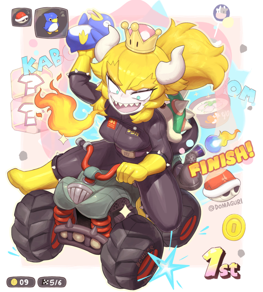 bowsette crown domaguri highres mario_(series) mario_kart mario_kart_world nintendo spiked_shell spikes super_crown turtle_shell