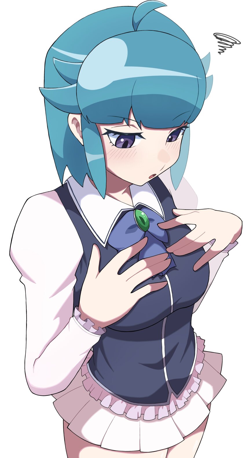 1girl :o absurdres ahoge blue_bow blue_bowtie blue_hair blunt_bangs bow bowtie breasts collar cowboy_shot downturned_eyes frilled_shirt frills from_above green_brooch grey_sweater_vest hair_flaps half-closed_eyes hands_on_own_chest hands_up highres juliet_sleeves keroro_gunsou kohiru_atsuku long_sleeves looking_down medium_breasts miniskirt nishizawa_momoka parted_lips pleated_skirt puffy_sleeves purple_eyes shirt sidelocks simple_background skirt solo squiggle sweater_vest thighhighs white_background white_collar white_skirt white_sleeves wing_collar zettai_ryouiki