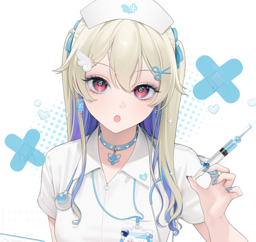 1girl :o blonde_hair blue_nails blush choker colored_inner_hair hair_between_eyes hair_ornament hat heart long_hair looking_at_viewer multicolored_hair nail_polish nurse nurse_cap ohisashiburi open_mouth original pill red_eyes shirt short_sleeves solo syringe upper_body white_shirt