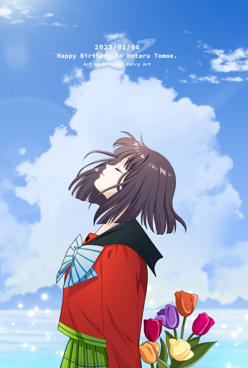 1girl bishoujo_senshi_sailor_moon bishoujo_senshi_sailor_moon_s black_hair black_sailor_collar blue_bow blue_bowtie bow bowtie character_name closed_eyes cloud day flower green_skirt happy_birthday highres koya long_sleeves mugen_gakuen_school_uniform outdoors pleated_skirt red_shirt sailor_collar school_uniform serafuku shirt short_hair skirt sky smile solo star_(symbol) tomoe_hotaru tulip