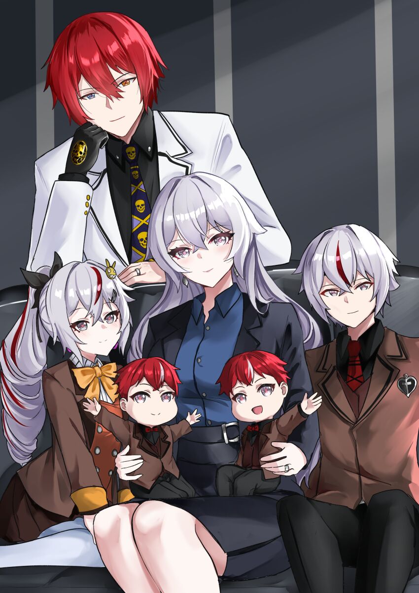 2girls 4boys :d absurdres black_gloves black_jacket black_pants black_shirt blue_eyes blue_shirt bow bowtie bronya_zaychik bronya_zaychik_(silverwing:_n-ex) bronya_zaychik_(wolf&#039;s_dawn) brown_jacket brown_skirt captain_(honkai_impact) closed_mouth collared_shirt cosplay couch diamond_wa_kudakenai drill_hair family gloves grey_eyes grey_hair heterochromia highres homu_(honkai_impact) honkai_(series) honkai_impact_3rd indoors jacket jewelry jojo_no_kimyou_na_bouken kira_yoshikage kira_yoshikage_(cosplay) long_hair long_sleeves looking_at_viewer multiple_boys multiple_girls necktie open_mouth orange_bow orange_bowtie orange_eyes orange_vest pants purple_necktie red_bow red_bowtie red_necktie ring school_uniform shirt siblings single_glove sitting sitting_on_lap sitting_on_person skirt smile thighhighs tian_kazuki twins very_long_hair vest white_jacket white_thighhighs