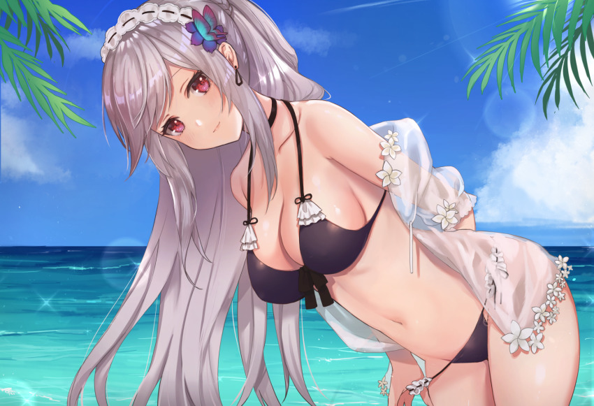 1girl arms_behind_back azur_lane bent_over bikini black_bikini blue_sky blush breasts cleavage closed_mouth cloud collarbone day dunkerque_(azur_lane) dunkerque_(summer_sucre)_(azur_lane) female_focus kon_(k0n16) light_smile long_hair looking_at_viewer maid_headdress medium_breasts navel ocean red_eyes silver_hair sky solo sparkle standing sunlight swimsuit