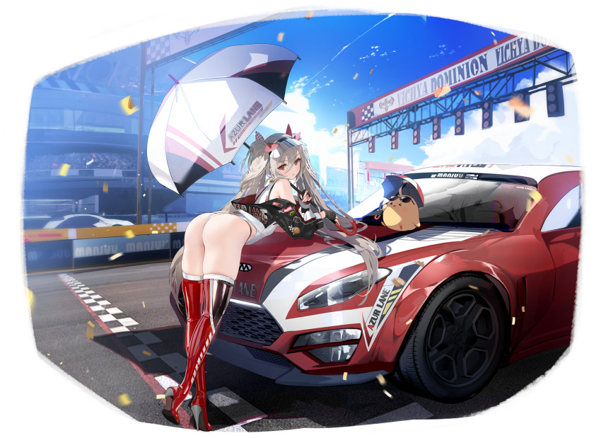 1girl arched_back ass azur_lane bare_shoulders bird black_gloves black_jacket blue_sky blush boots breasts brown_hair car chick clothes_writing clothing_cutout cloud cloudy_sky confetti day elbow_gloves eyewear_on_head fingerless_gloves from_behind from_side full_body gloves grey_hair hair_between_eyes hair_ornament hair_ribbon high_heel_boots high_heels highleg highleg_leotard highres holding holding_umbrella jacket l&#039;audacieux_(azur_lane) l&#039;audacieux_(protector_beneath_the_parasol)_(azur_lane) leaning leaning_forward leaning_on_object leotard long_hair long_sleeves looking_at_viewer looking_back manjuu_(azur_lane) mercedes-benz motor_vehicle namyo non-web_source off_shoulder official_alternate_costume official_art on_car on_vehicle open_clothes outdoors race_queen race_vehicle racecar red_eyes red_footwear red_thighhighs ribbon shadow sidelocks skindentation sky sleeveless sports_car standing sunglasses thick_thighs thigh_boots thighhighs thighs thong_leotard tinted_eyewear transparent_background two_side_up umbrella unused_tire v vehicle_focus vehicle_request very_long_hair vichya_dominion_(emblem) visor_cap white_leotard white_umbrella