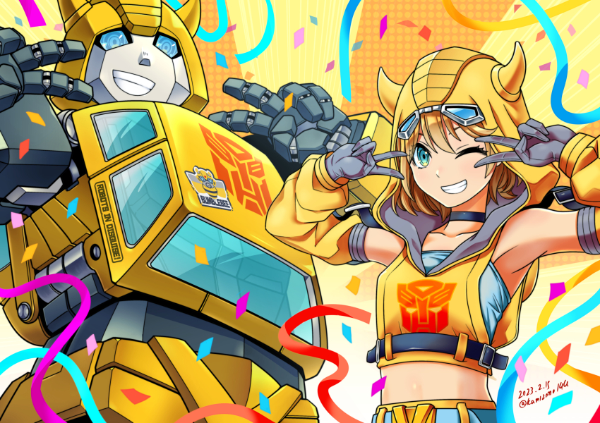 1girl autobot belt blue_belt blue_eyes blue_tube_top brown_hair bumblebee_(kotobukiya_bishoujo)_(transformers) bumblebee_(transformers) collarbone commentary confetti cropped_hoodie dated detached_sleeves double_v gloves grey_gloves highres hood hood_up hoodie horned_hood horns kamizono_(spookyhouse) kotobukiya_bishoujo looking_at_viewer mecha midriff one_eye_closed robot short_hair sleeveless sleeveless_hoodie smile sticker strapless streamers symbol-only_commentary transformers transformers_(live_action) tube_top twitter_username v yellow_hoodie
